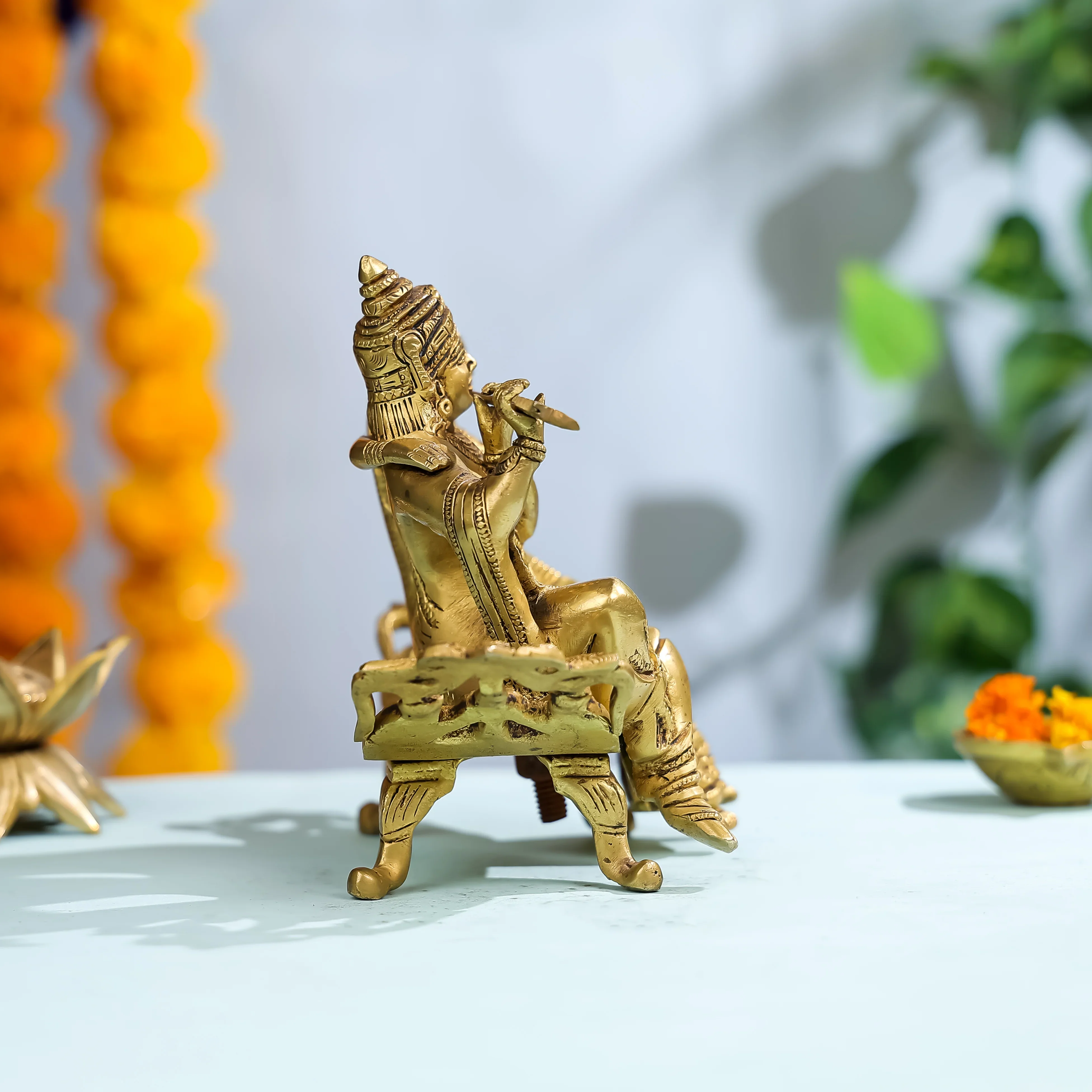 7" Brass Goddess Radha & Krishna Seated On Sofa - Image 2
