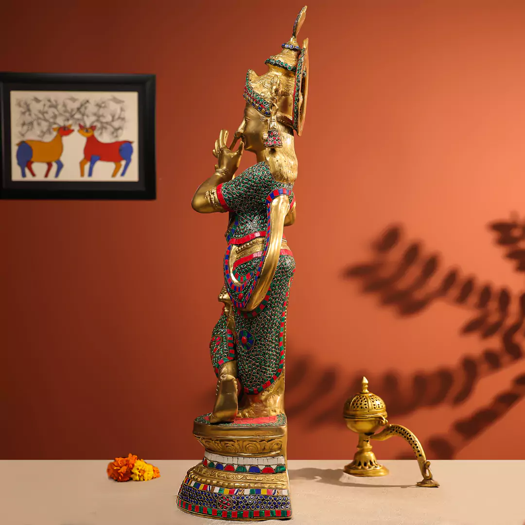 35" Brass Krishna Idol Fluting in Standing Pose on a Pedestal Stone Work - Large - Image 2