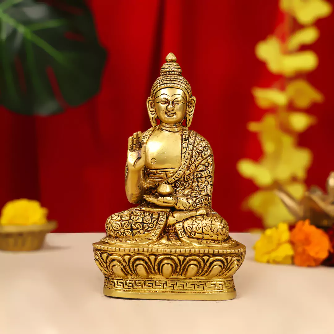 8" Brass Lord Buddha Idol Sitting On Lotus Base