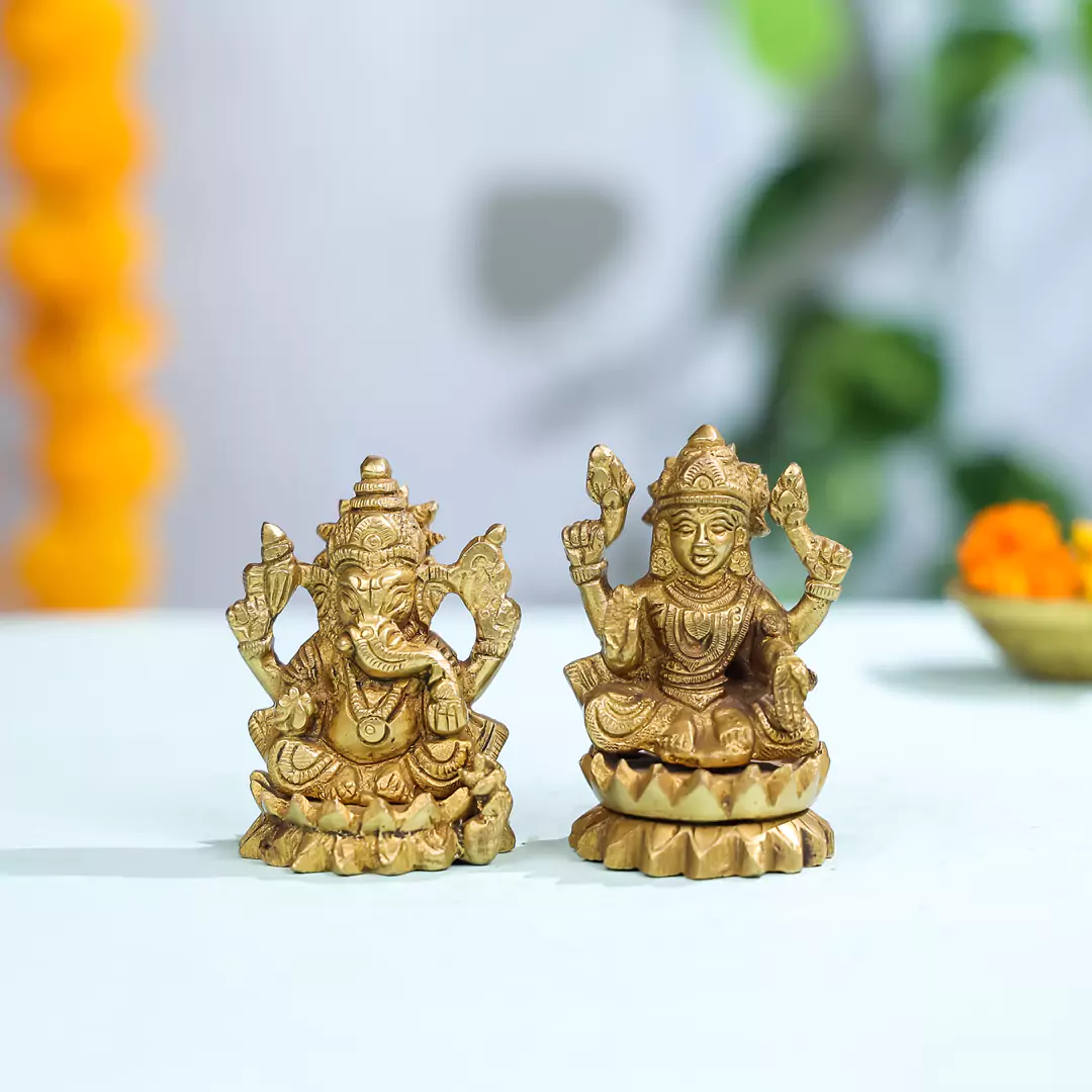 3.5" Brass Lord Ganesha & Laxmi Idol Pair Seated On Lotus Flower