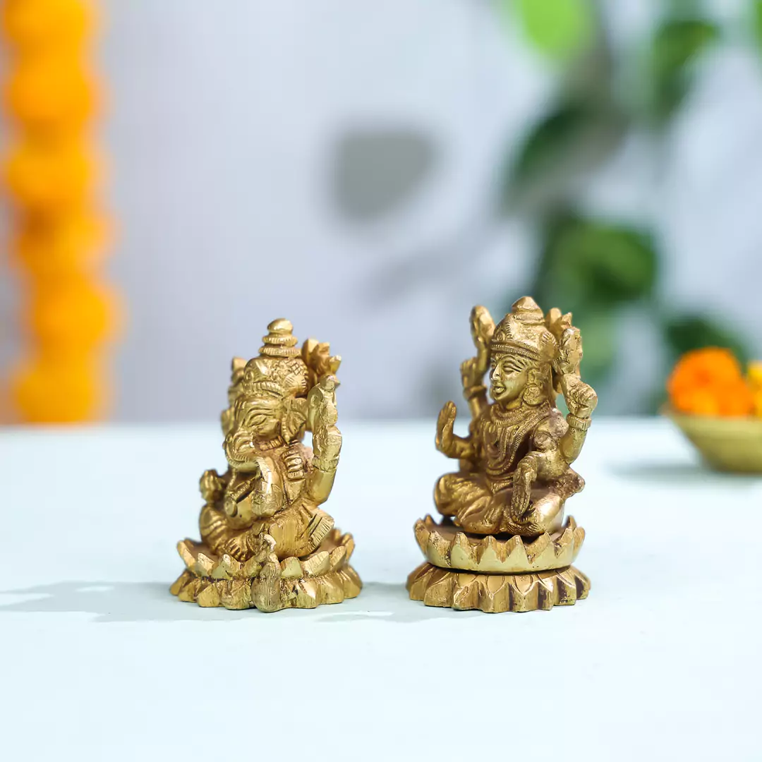 3.5" Brass Lord Ganesha & Laxmi Idol Pair Seated On Lotus Flower - Image 2