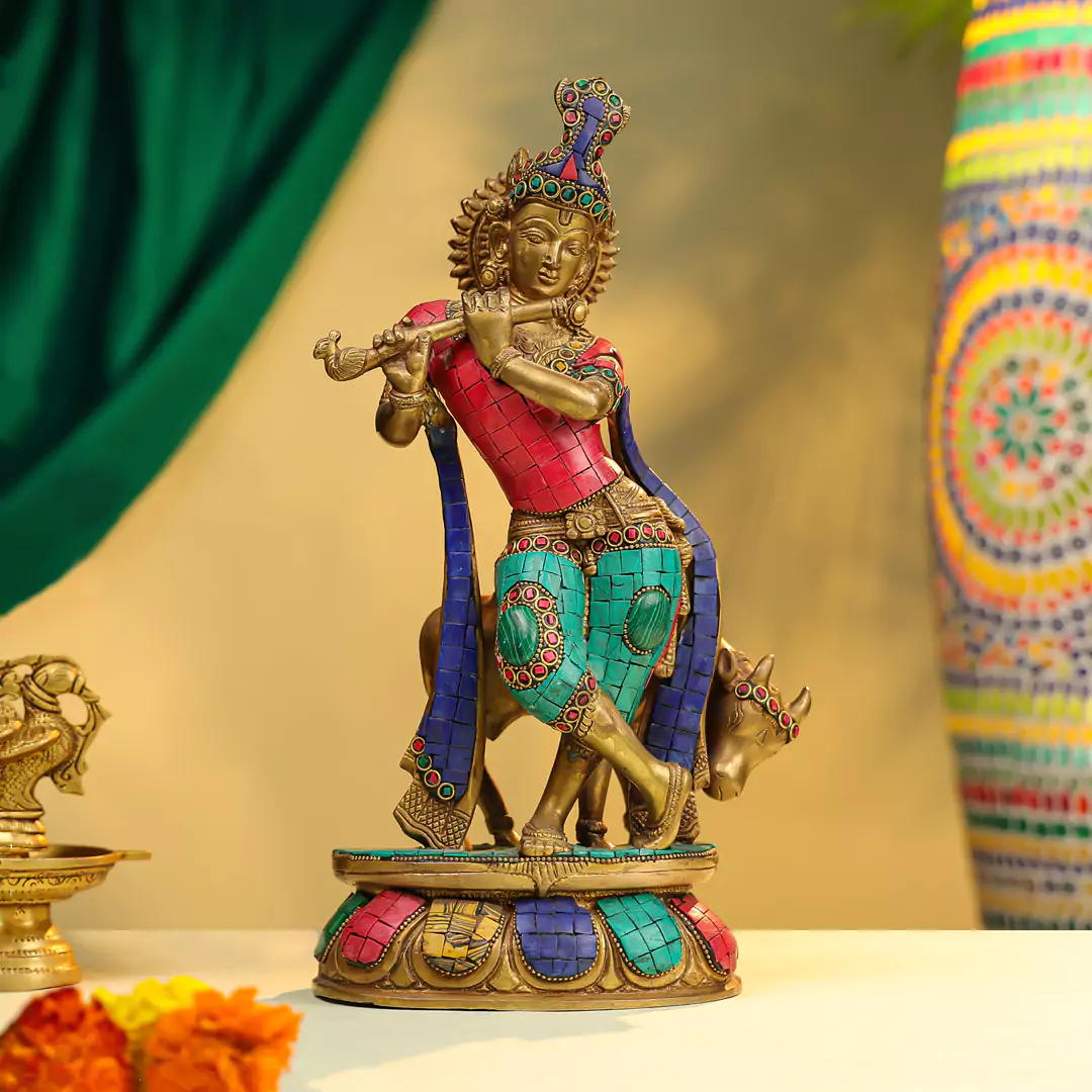 14" Brass Lord Krishna Fluting Idol with Cow in Background - Stone Work