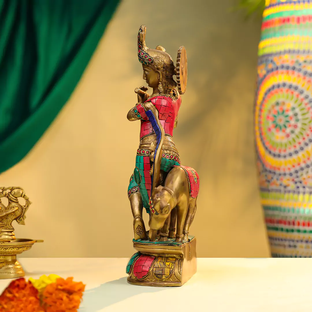 14" Brass Lord Krishna Fluting Idol with Cow in Background - Stone Work - Image 2