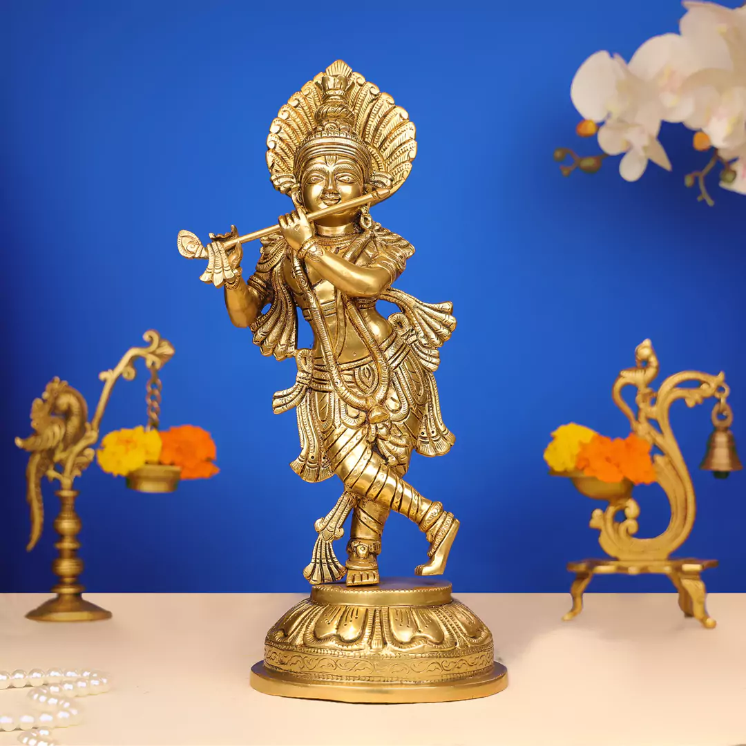 15" Brass Lord Krishna Murlidhar Idol Standing On Leaf Design Base