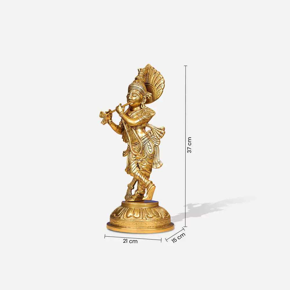 15" Brass Lord Krishna Murlidhar Idol Standing On Leaf Design Base - Image 2