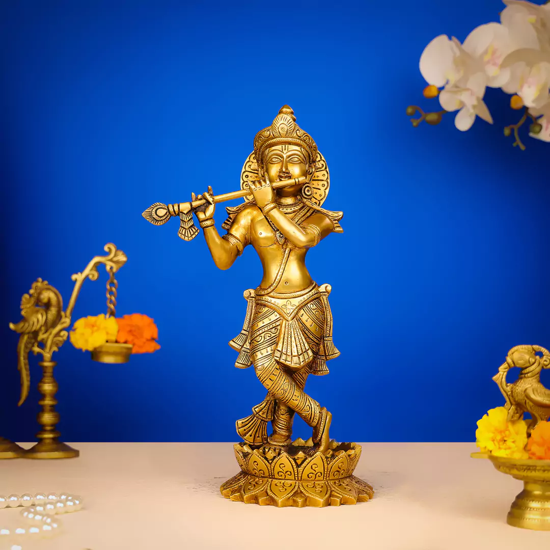 13" Brass Lord Krishna Murlidhar Idol Standing On Lotus Base