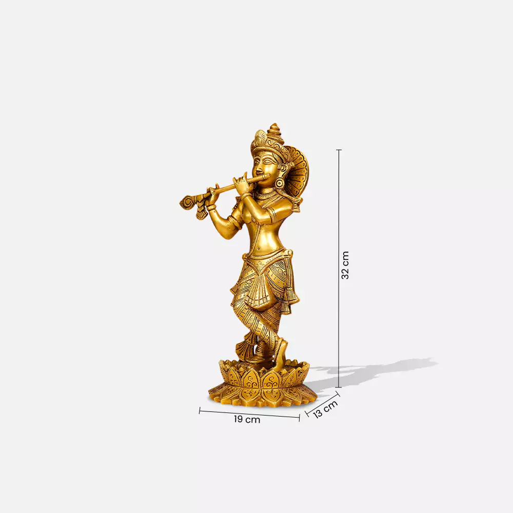 13" Brass Lord Krishna Murlidhar Idol Standing On Lotus Base - Image 2