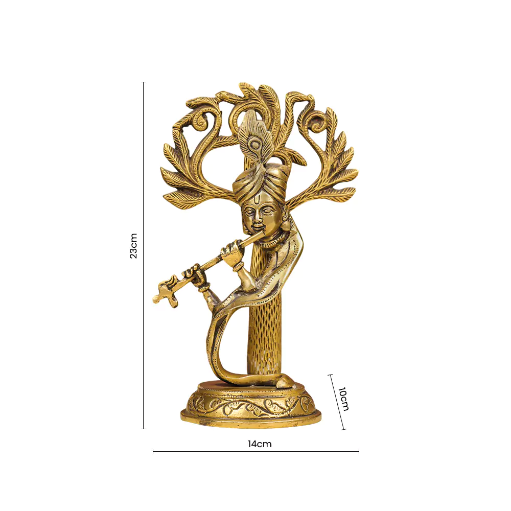 9" Brass Modern Krishna Fluting Under Tree Idol - Image 2