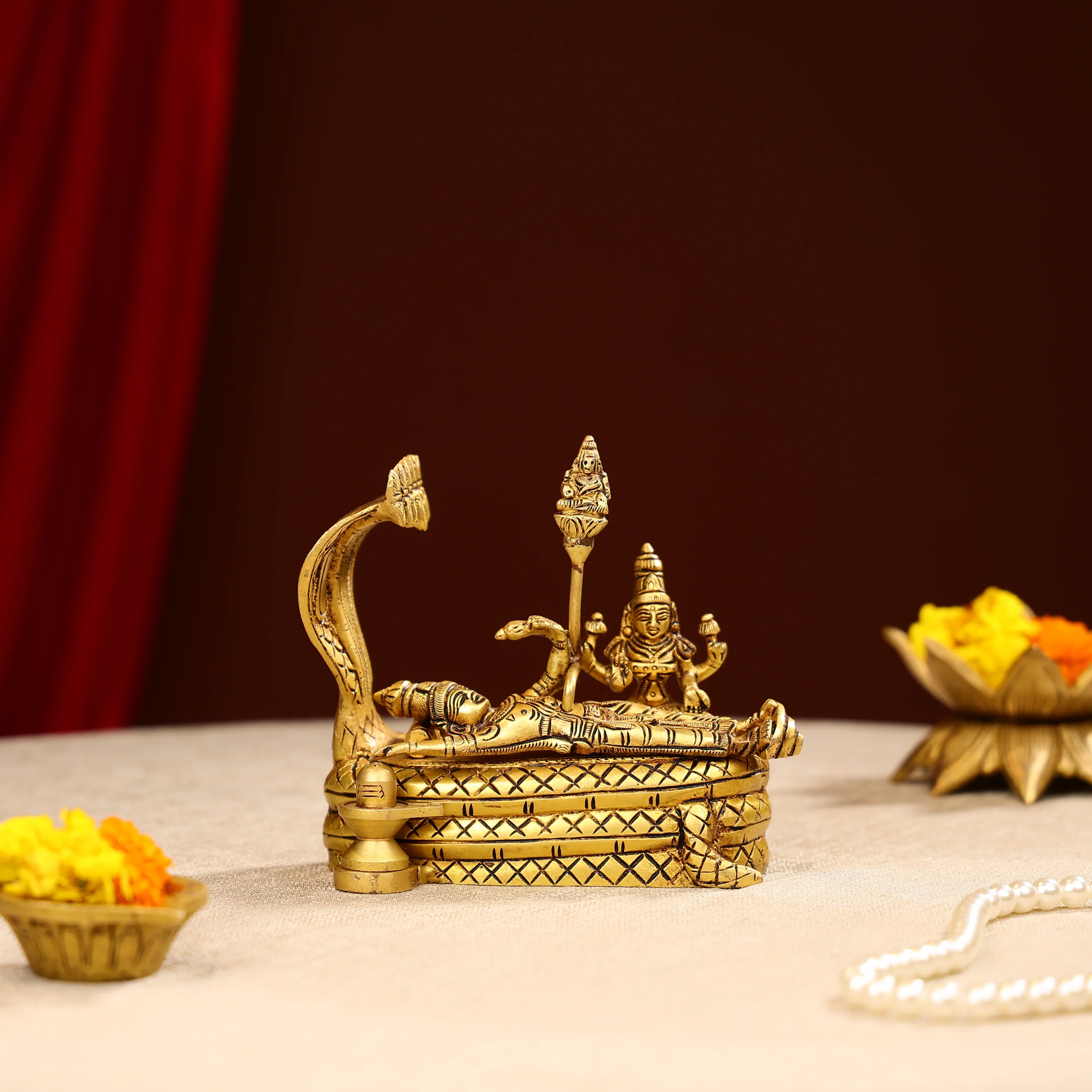 Brass Lord Vishnu Resting On Sheshnag Singhasan