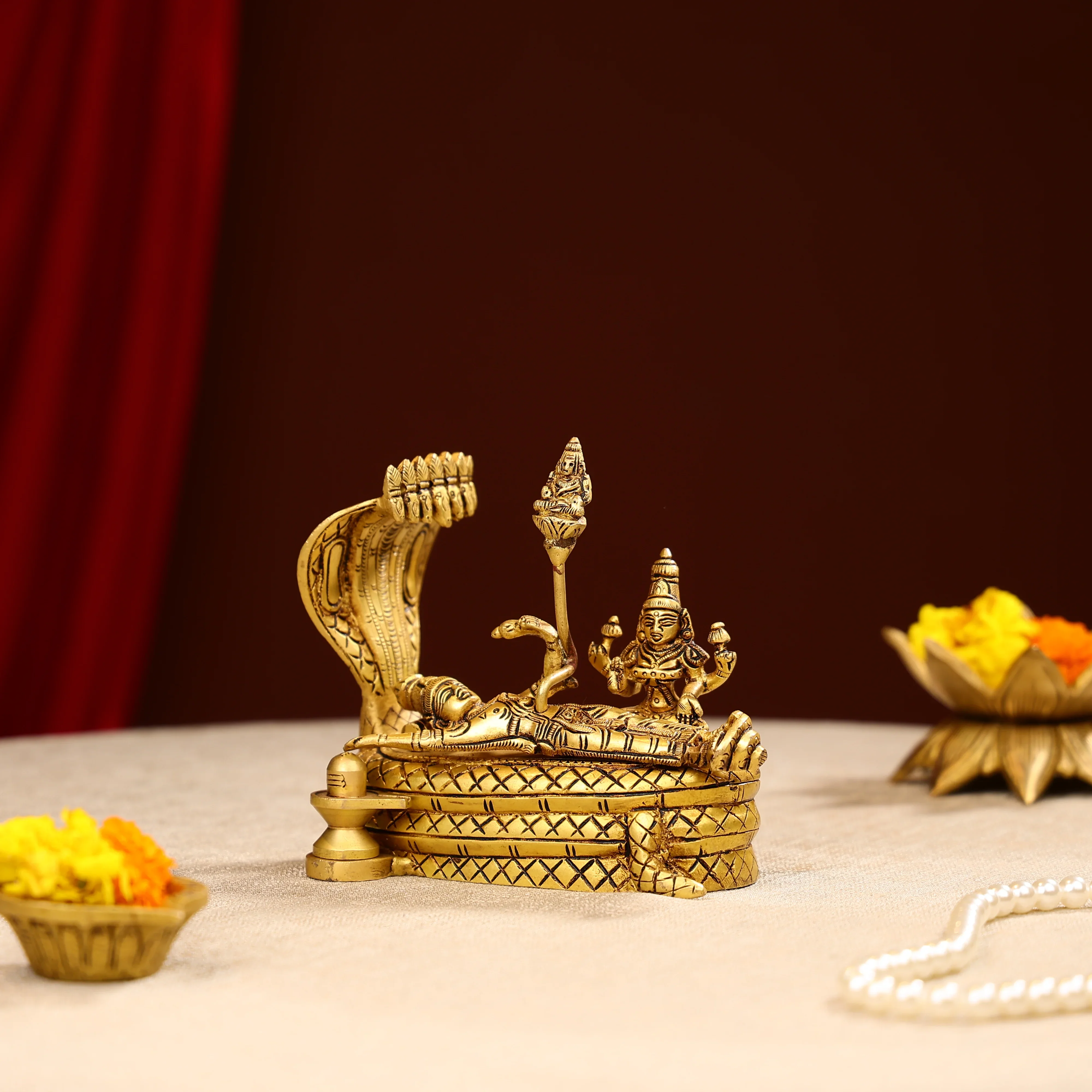 Brass Lord Vishnu Resting On Sheshnag Singhasan - Image 2