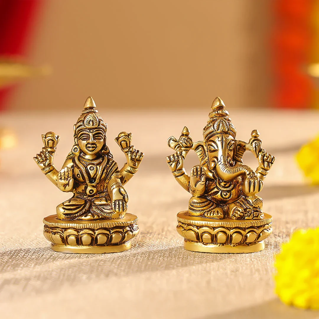 3" Brass Lord Ganesha & Laxmi Seated on Lotus Oval Base Idol Set