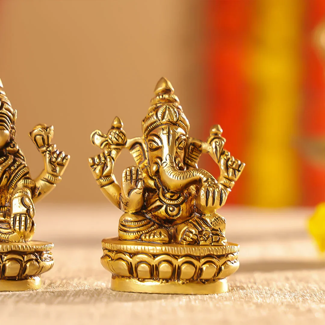 3" Brass Lord Ganesha & Laxmi Seated on Lotus Oval Base Idol Set - Image 2