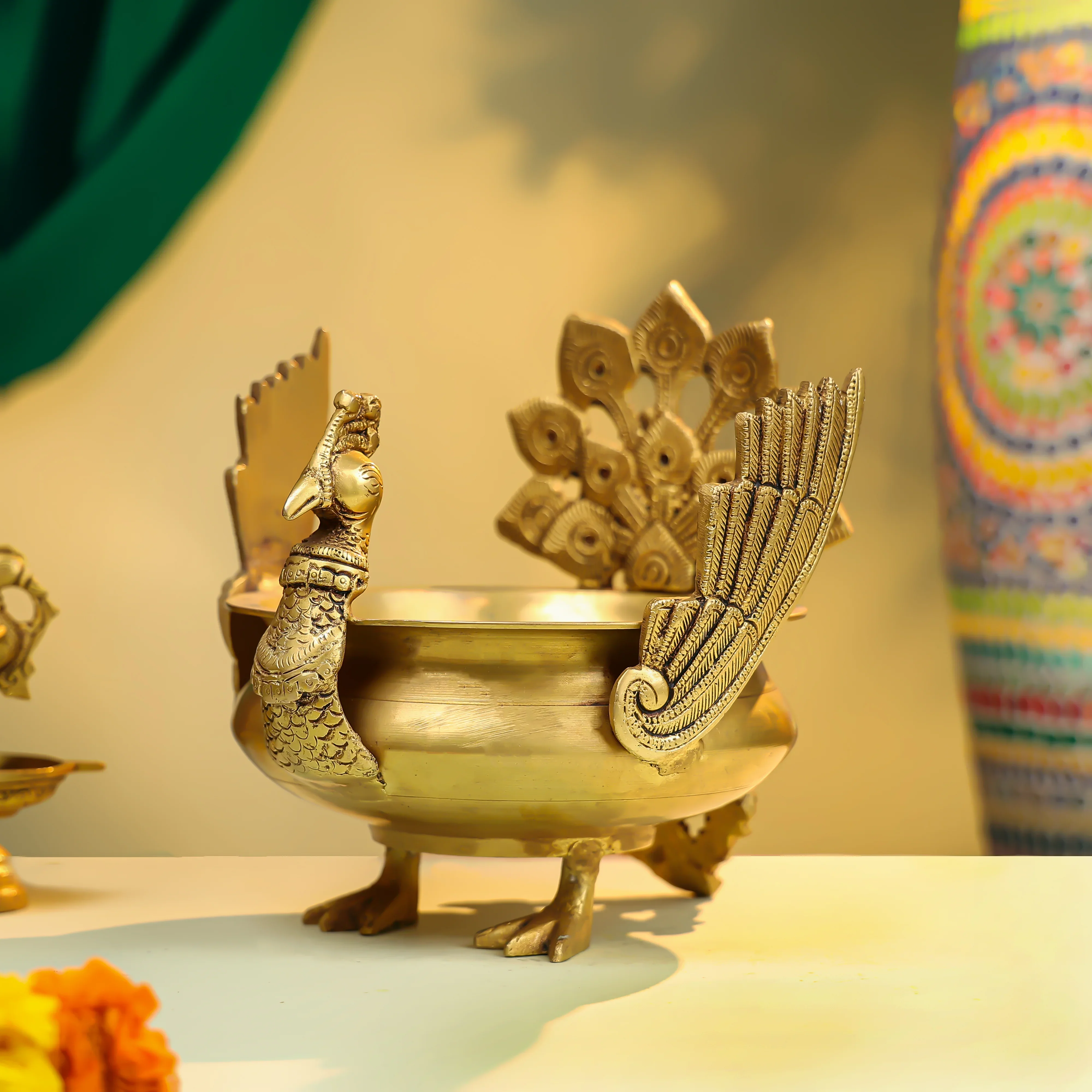 8" Brass Peacock Urli - Image 2