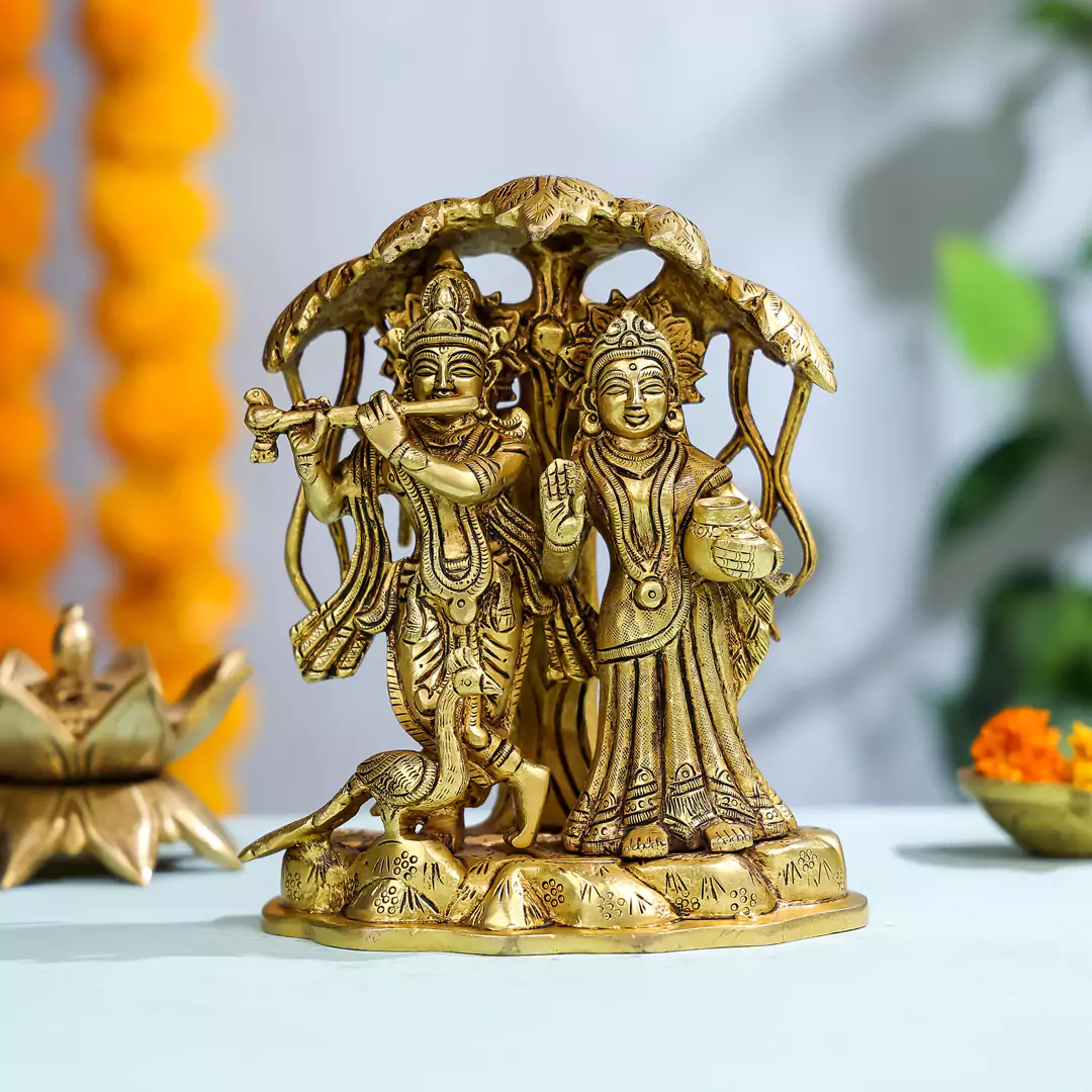 8" Brass Lord Radha Krishna Standing Under The Tree - Medium