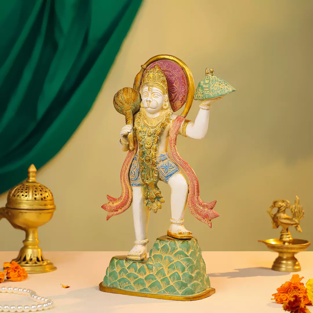 15" Coloured Brass Hanuman Idol Carrying Sanjeevani Mountain in Standing Pose