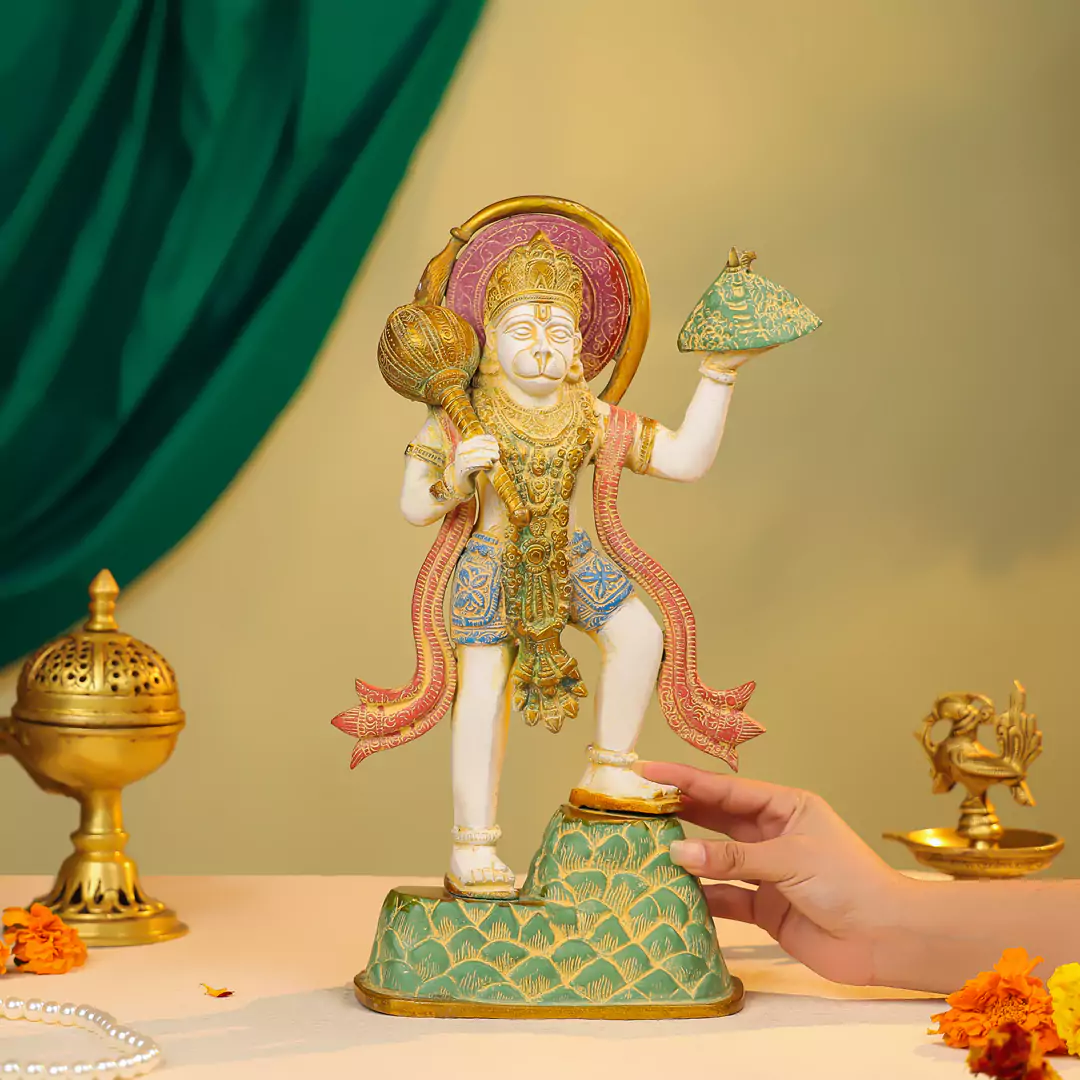 15" Coloured Brass Hanuman Idol Carrying Sanjeevani Mountain in Standing Pose - Image 2