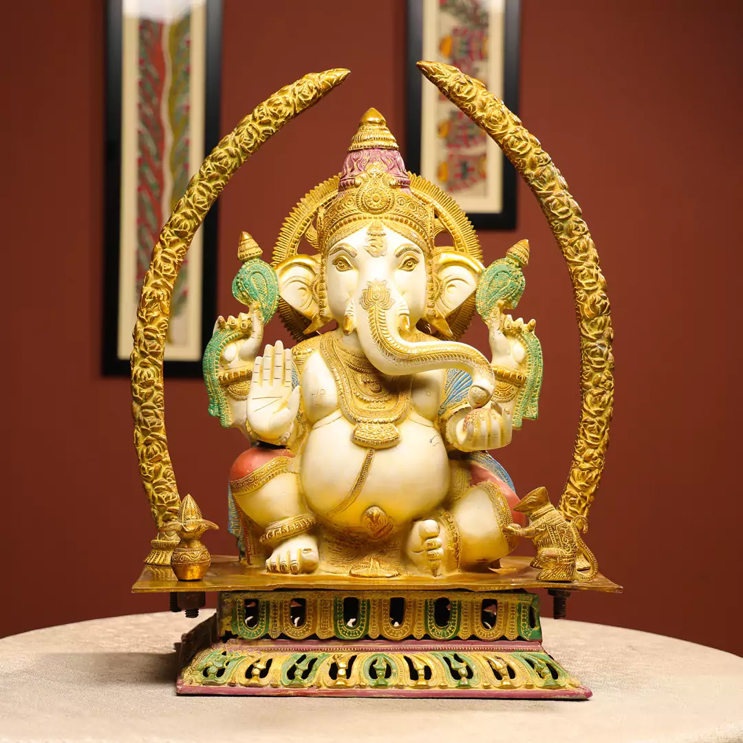 22" Coloured Brass Idol Of Four-Handed Ganpati