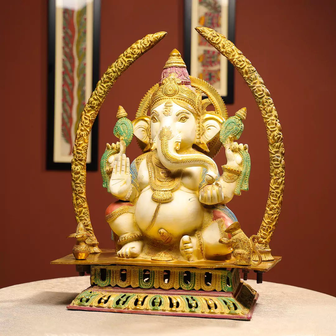22" Coloured Brass Idol Of Four-Handed Ganpati - Image 2