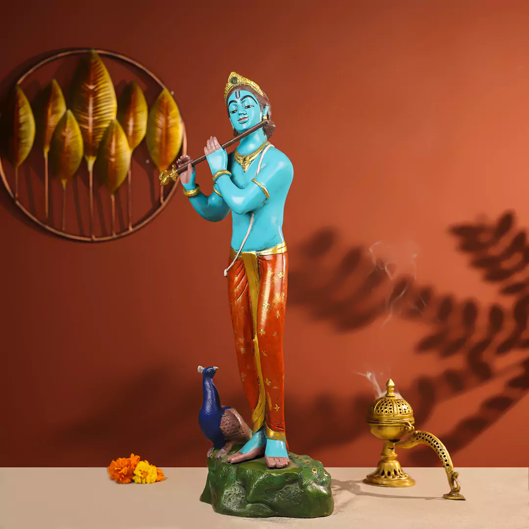 29" Coloured Brass Krishna Idol Fluting In Standing Pose With A Peacock On The Rock - Image 2