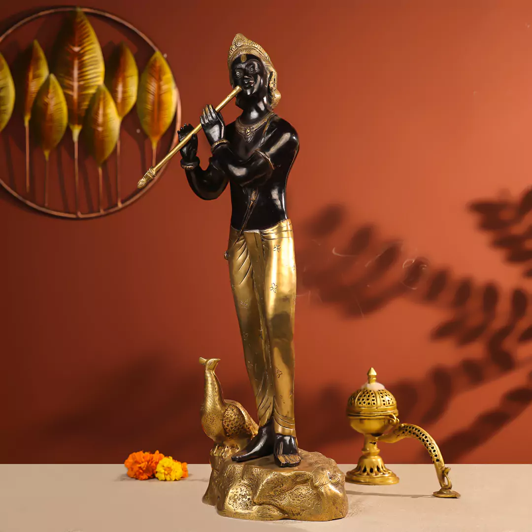29" Black Coloured Brass Krishna Idol Fluting In Standing Pose With A Peacock On The Rock - Image 2