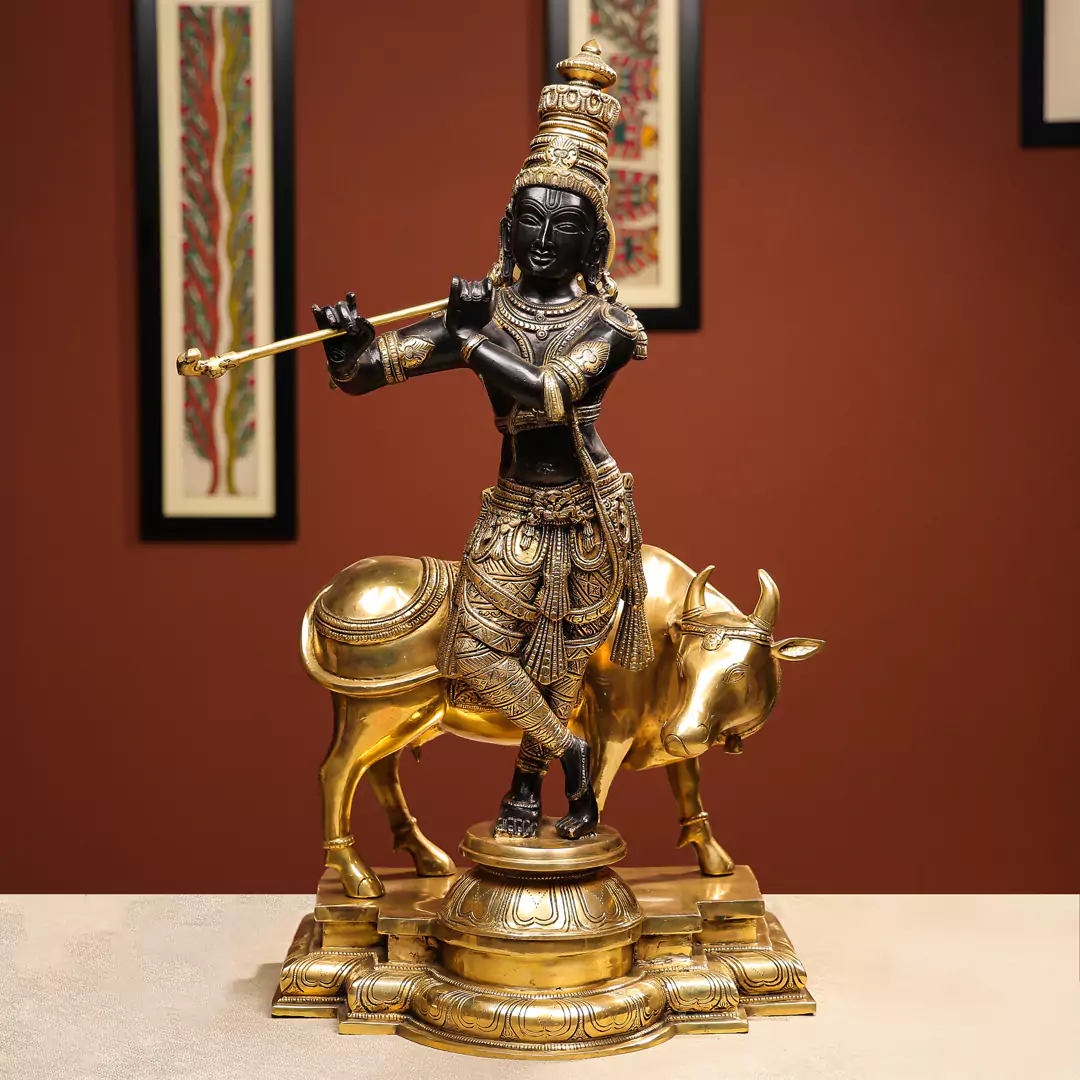 26" Coloured Brass Lord Krishna Idol Fluting With Cow In Background