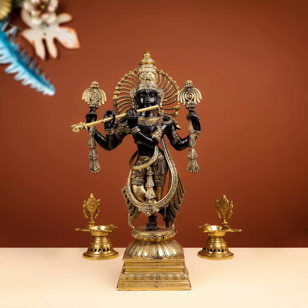 24" Coloured Brass Lord Krishna Murlidhar Idol Standing With Crown