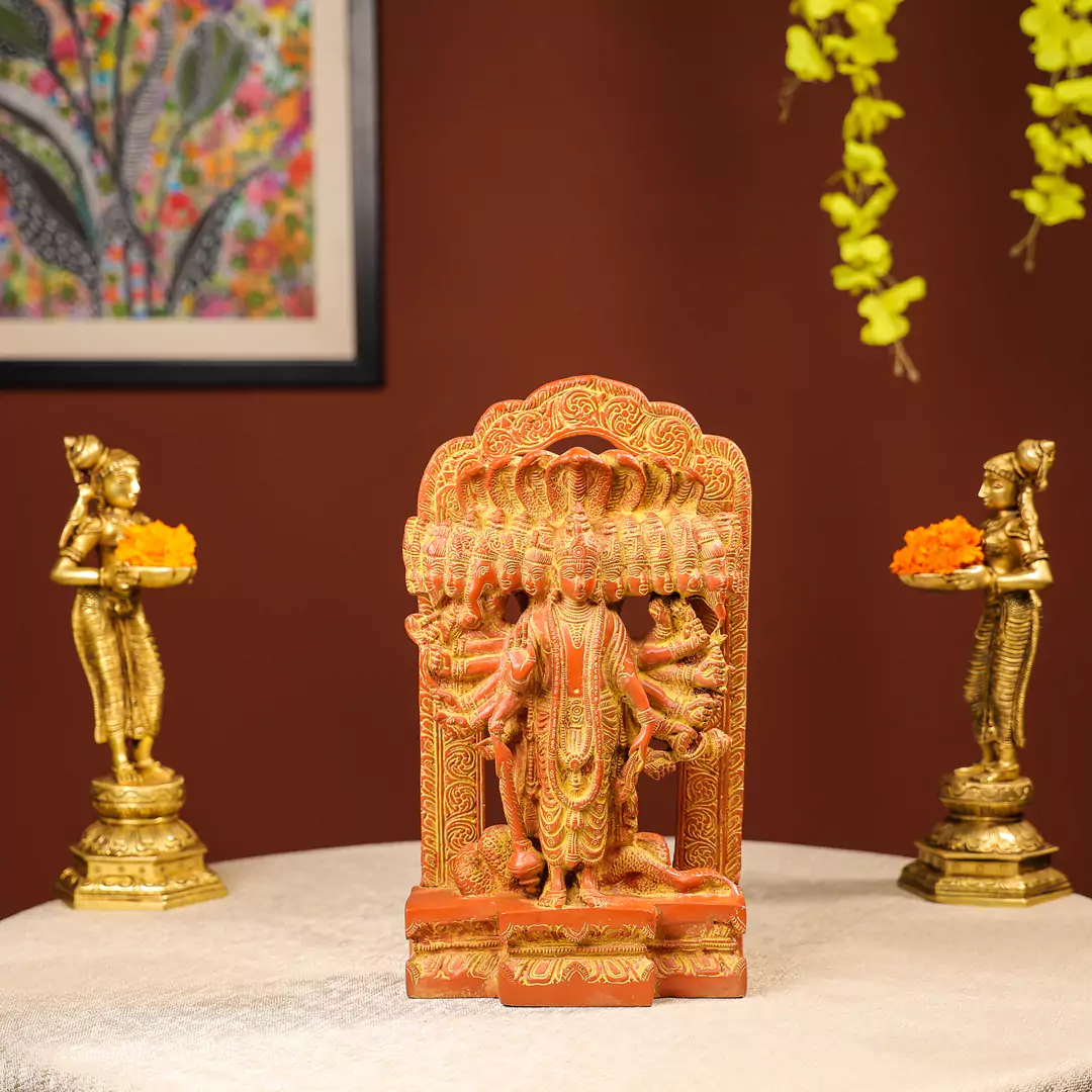Gold And Orange Coloured Brass Lord Vishnu Idol