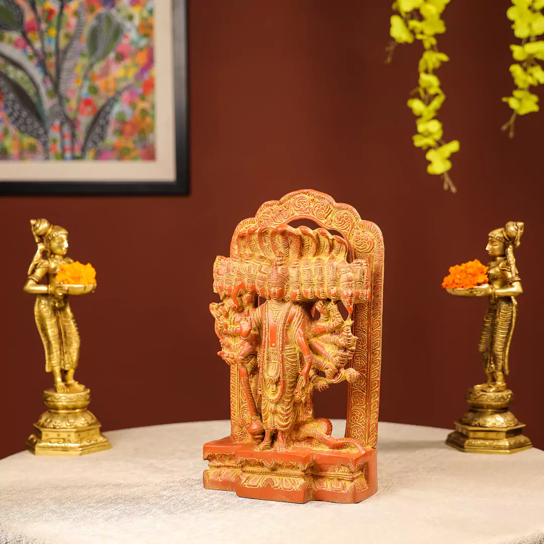 Gold And Orange Coloured Brass Lord Vishnu Idol - Image 2