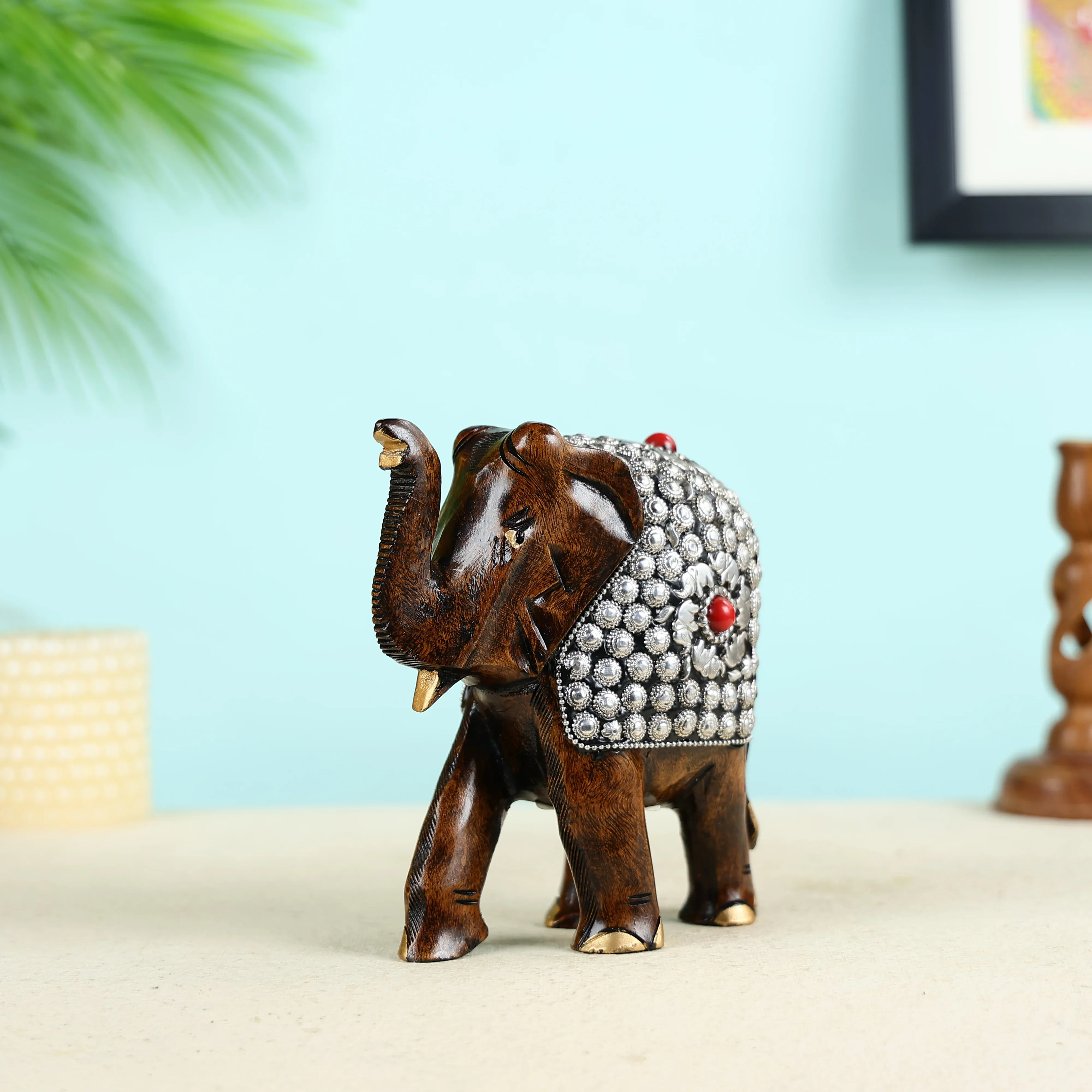 Hand Carved Welcoming Elephant With Metal Beads Work Table Decor - Image 2