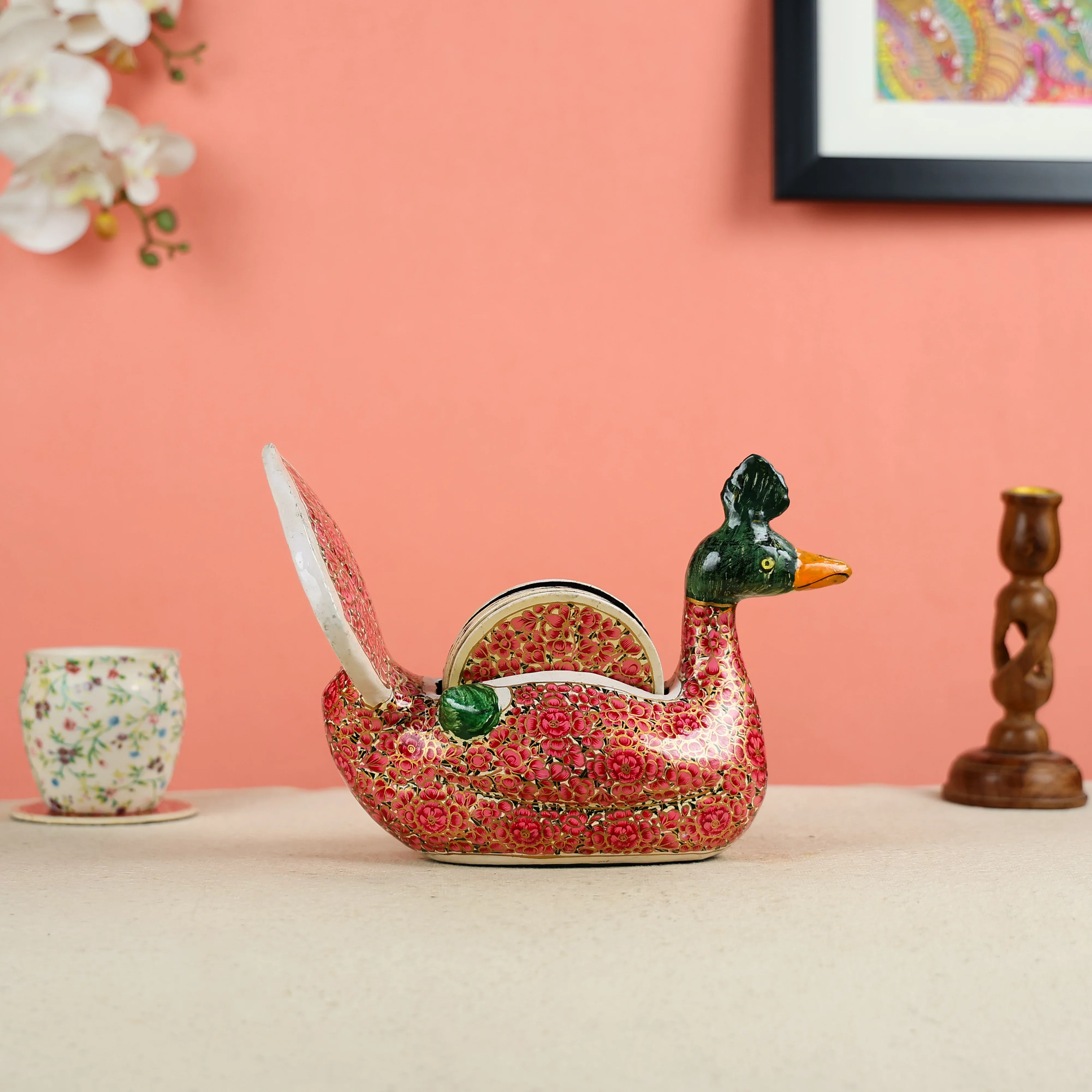 Paper Mache Crafted & Handpainted Duck With 6 Coasters Set - Image 2