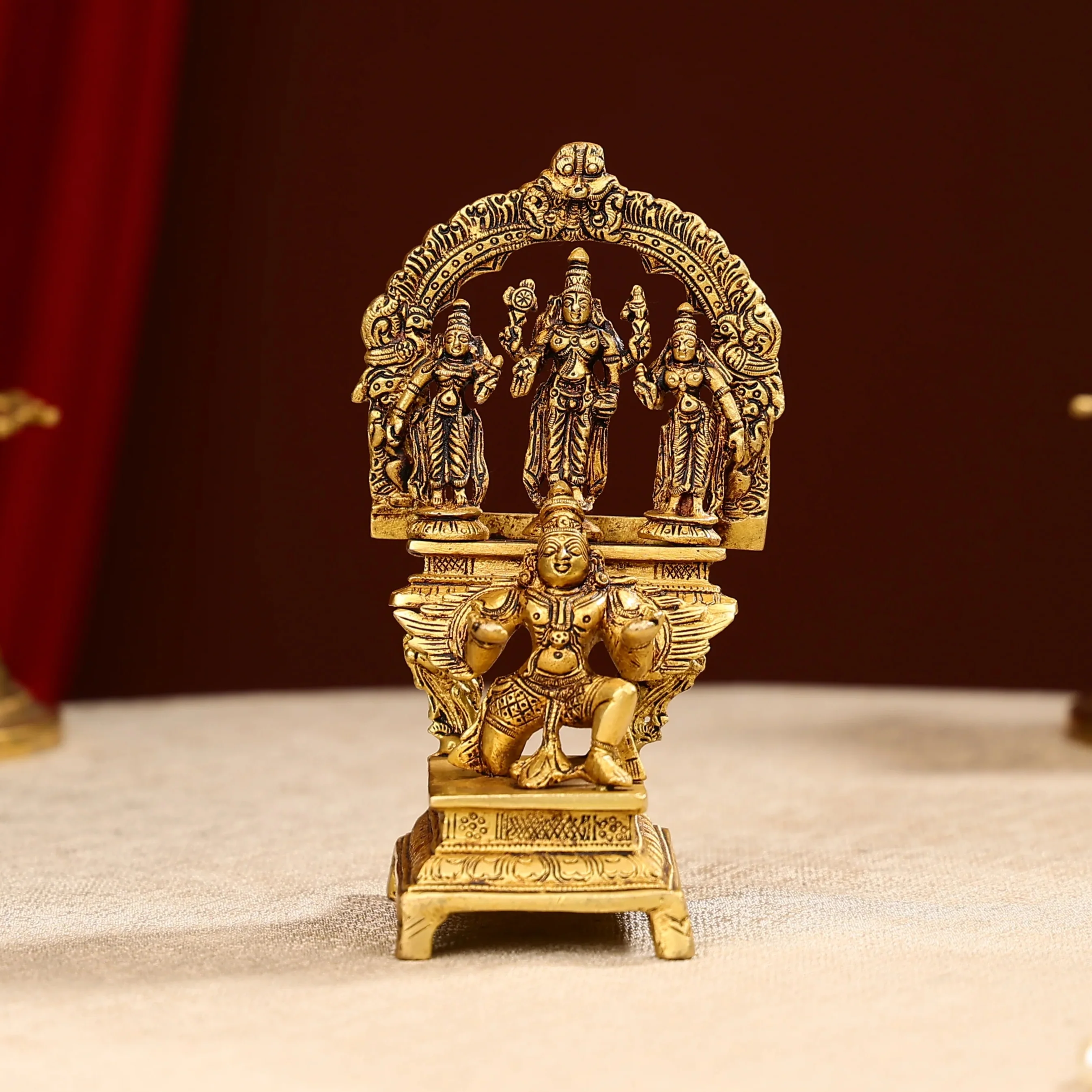 7" Super Fine Brass Shri Maha Vishnu With Sridevi Bhudevi On Garuda Bhagwan Idol