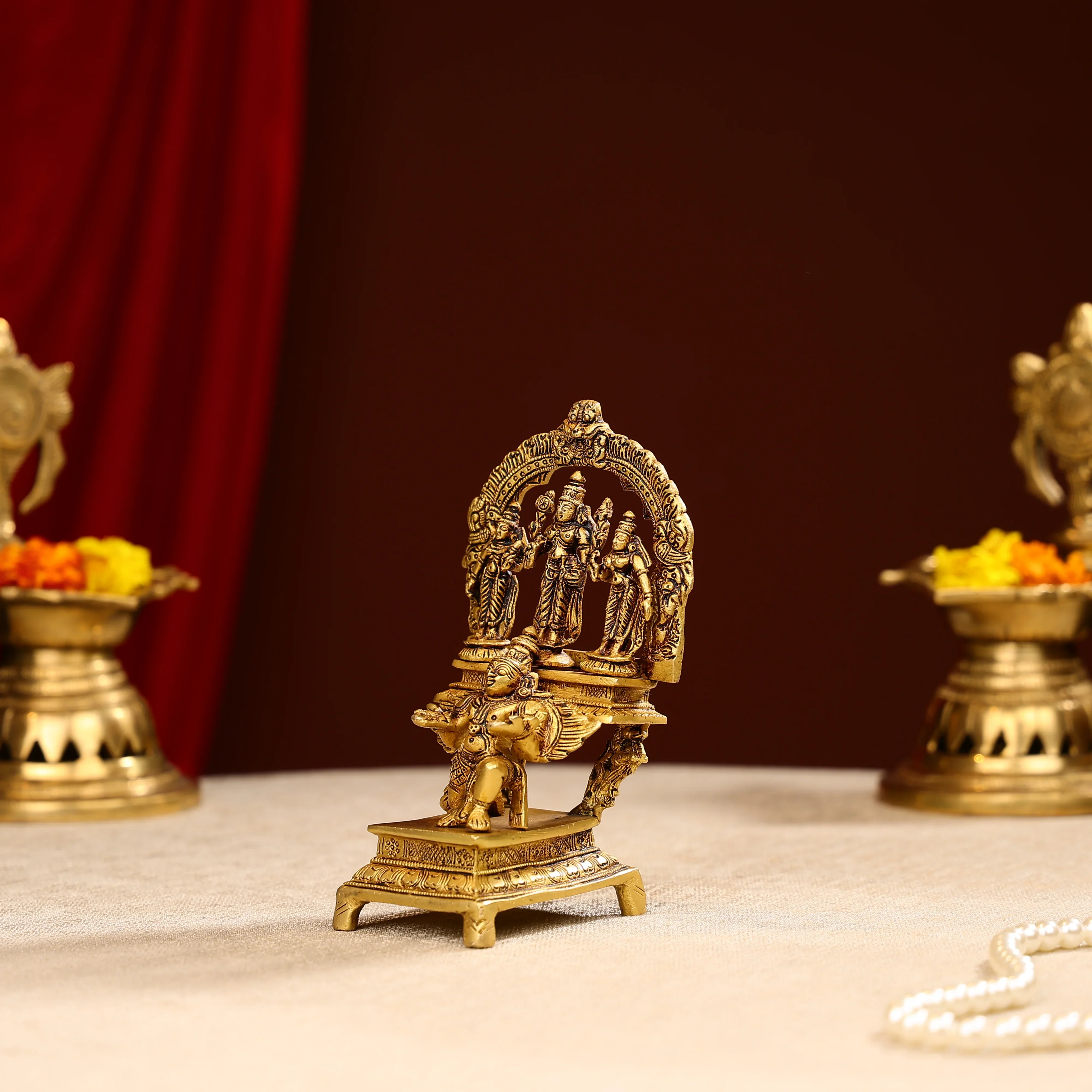 7" Super Fine Brass Shri Maha Vishnu With Sridevi Bhudevi On Garuda Bhagwan Idol - Image 2