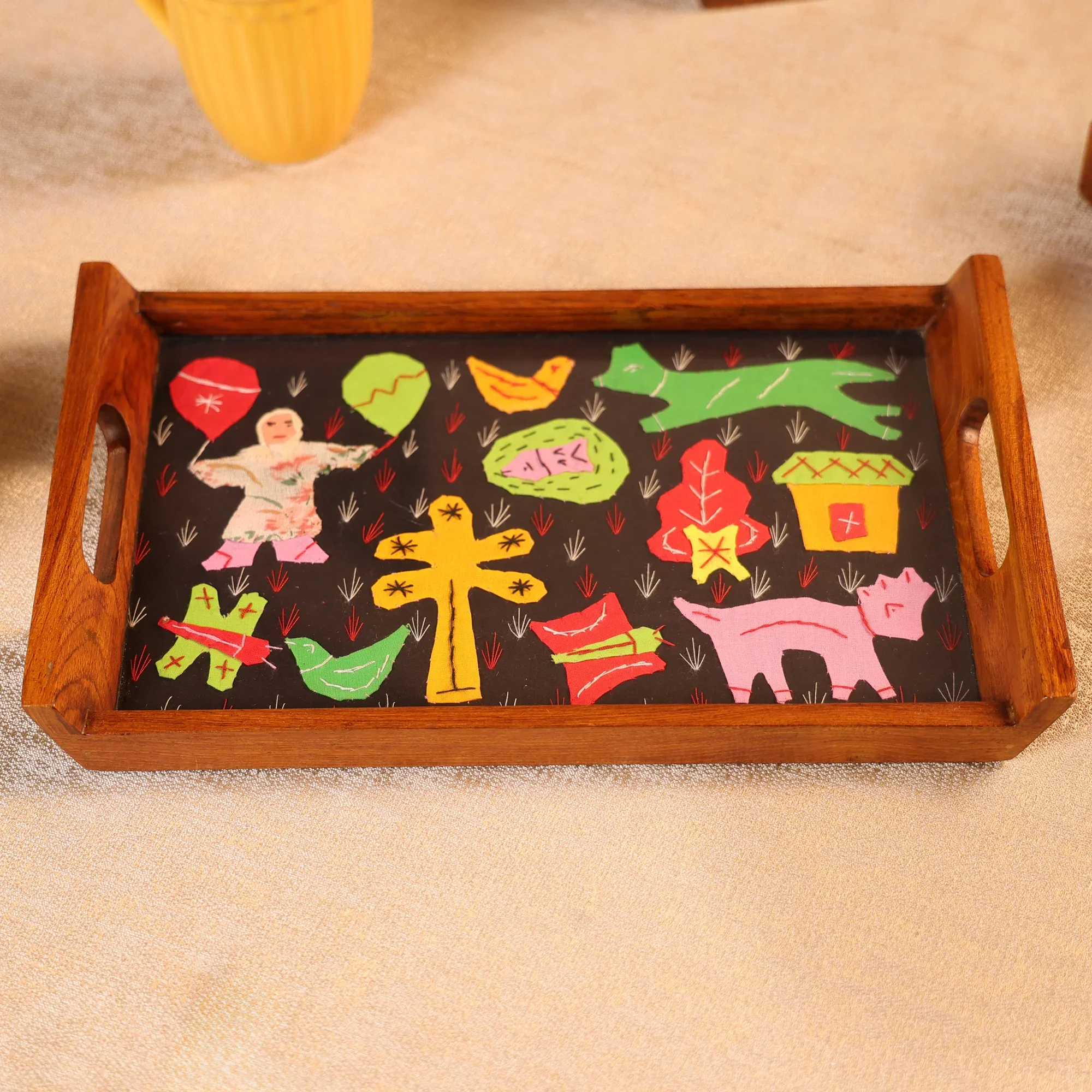 Teak Wood & Glass Framed Tribal Aplique Craft Serving Tray - Image 2