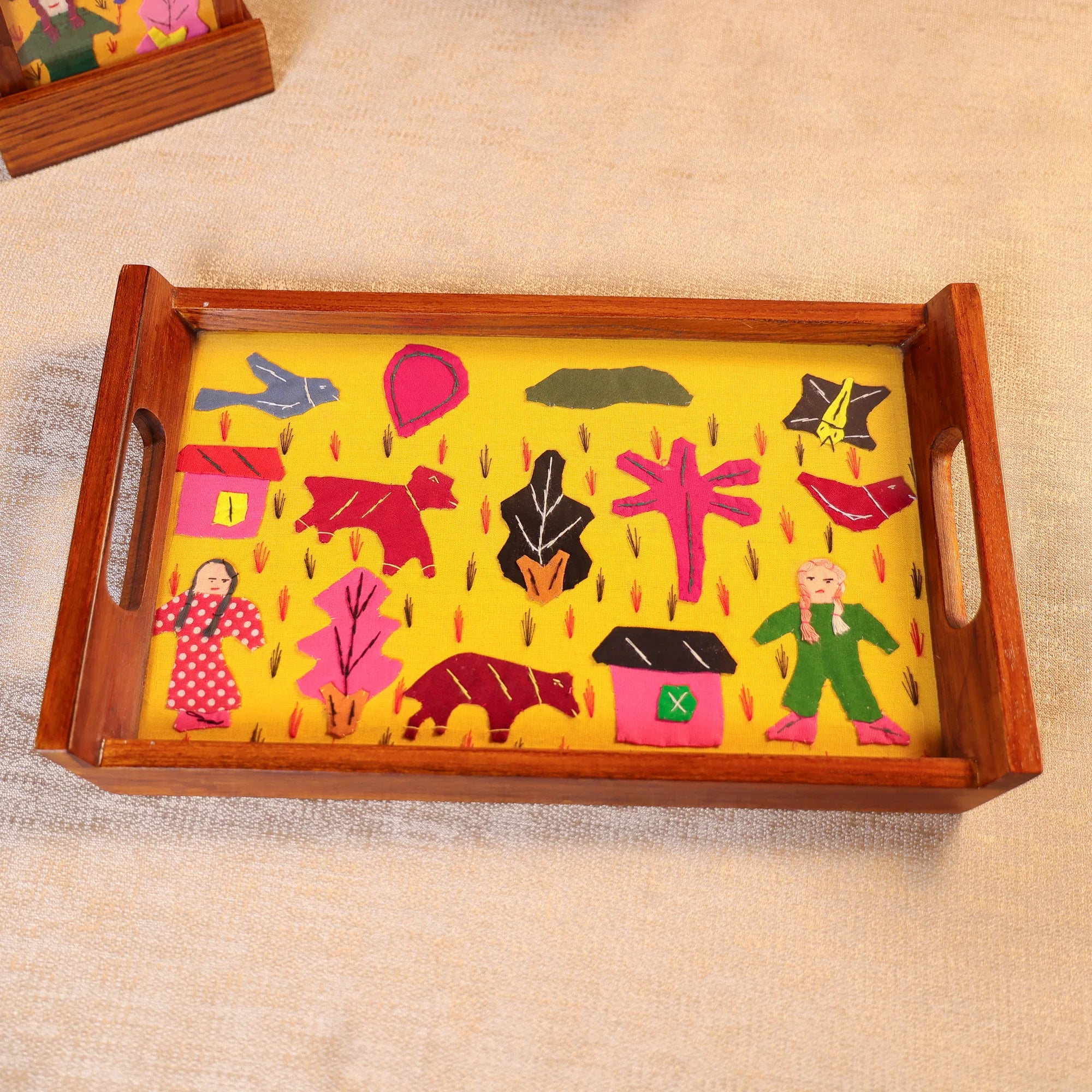 Teak Wood & Glass Framed Tribal Aplique Craft Serving Tray - Yellow