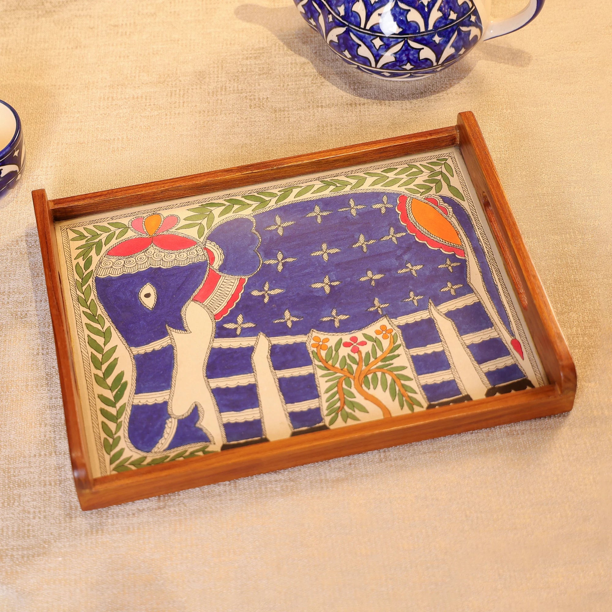 Teak Wood & Glass Framed Tribal Mithila Art Of Elephant Serving Tray