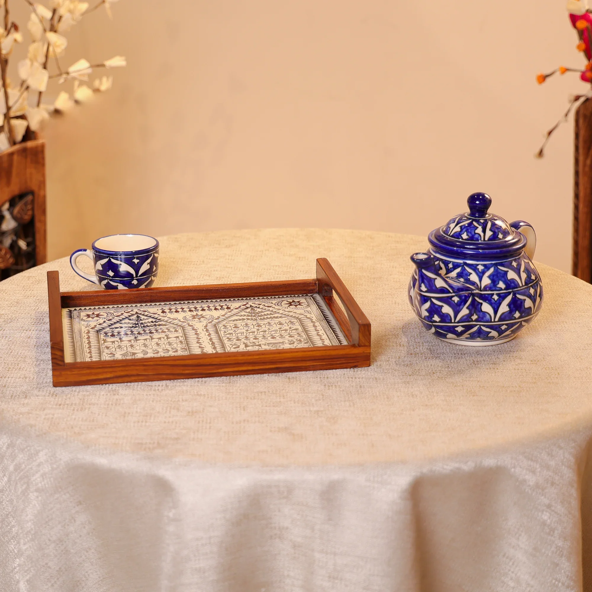 Teak Wood & Glass Framed Tribal Saura Art Serving Tray - Image 2