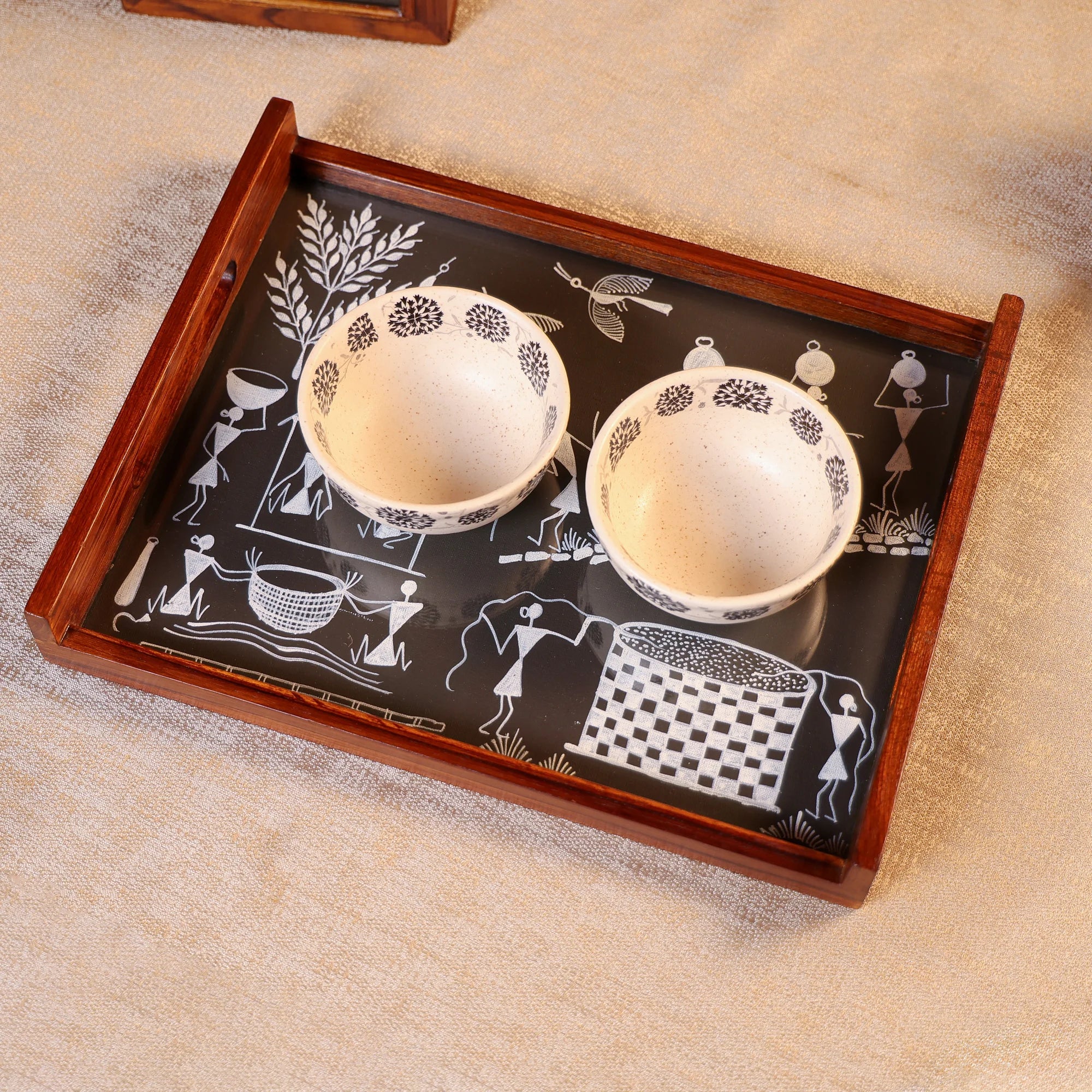 Teak Wood & Glass Framed Tribal Warli Art Serving Tray - Image 2